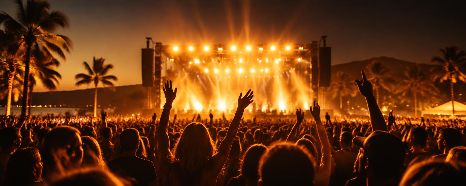 Público en un festival nocturno con luces doradas sobre el escenario