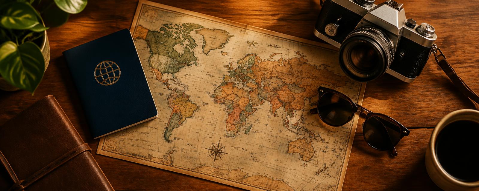 Pasaporte, mapa y cámara sobre una mesa de madera